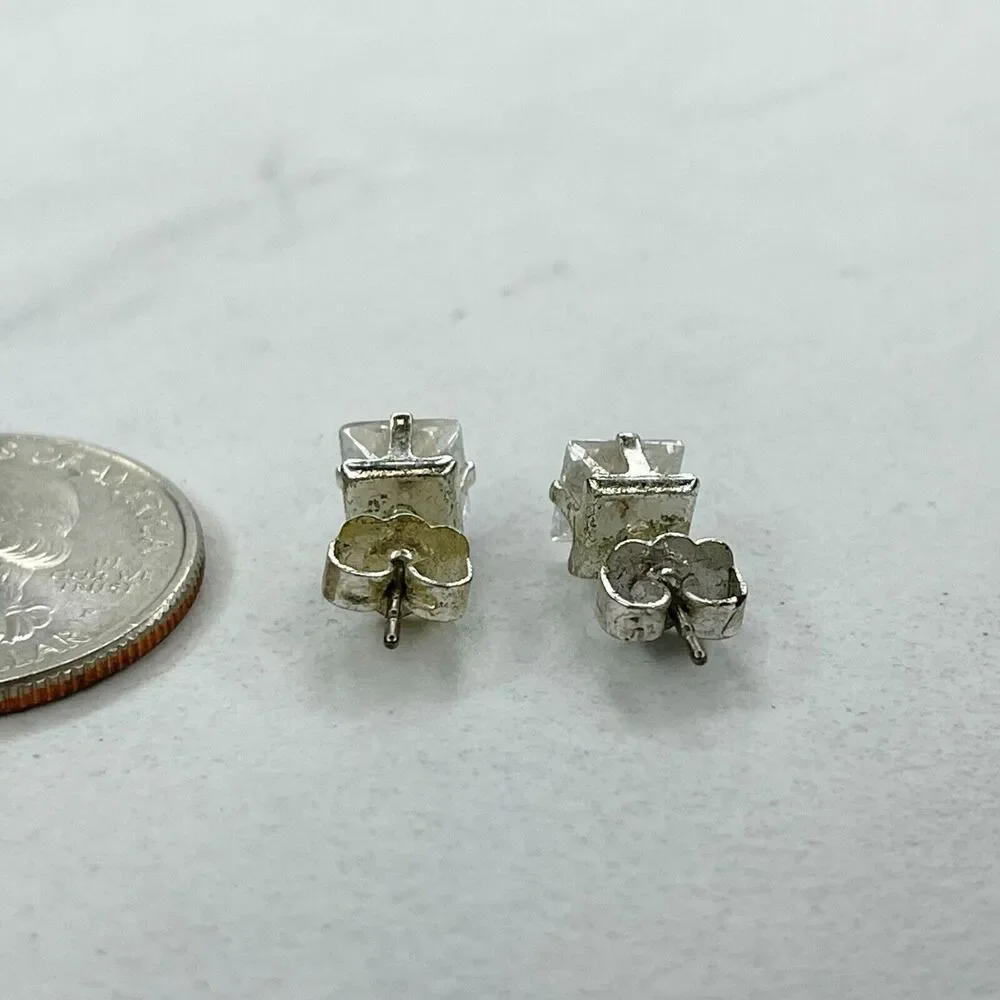 SHA Signed Silver Tone Clear Square Rhinestone Earrings Pierced Pair